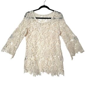 Boho Goblincore Cream Crochet Lace Bell Sleeve Blouse Floral Feminine Fairycore
